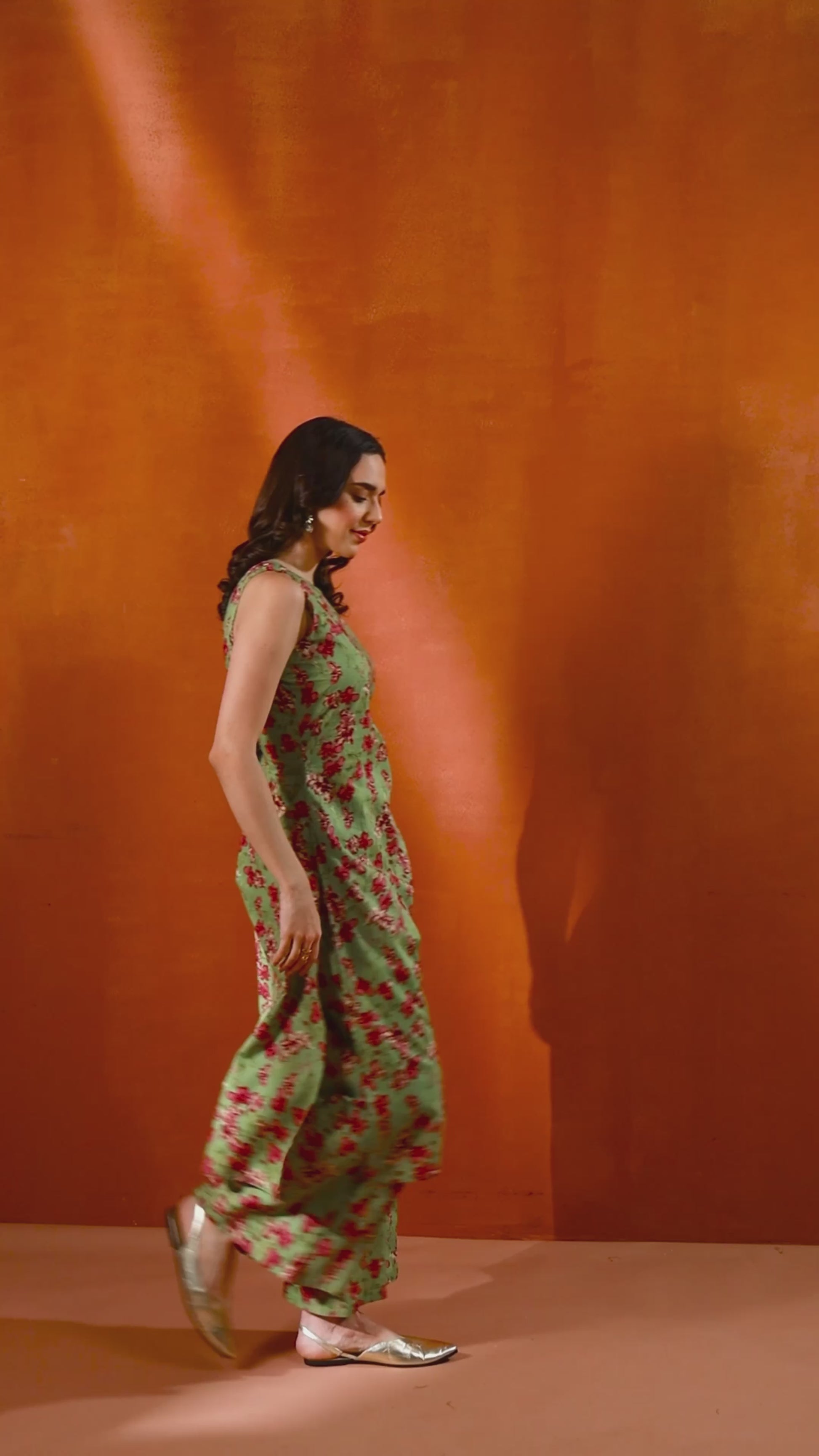 Green Floral A-Line Kurta Set with Halter Neck and Screen Print Detailing