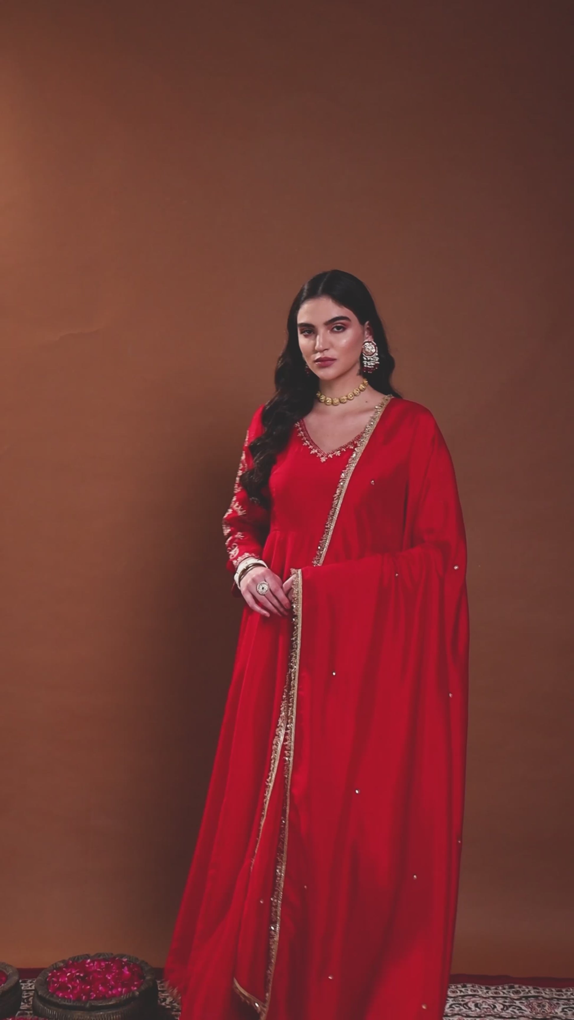 Red V-Neck Embroidered Anarkali Set with Dupatta
