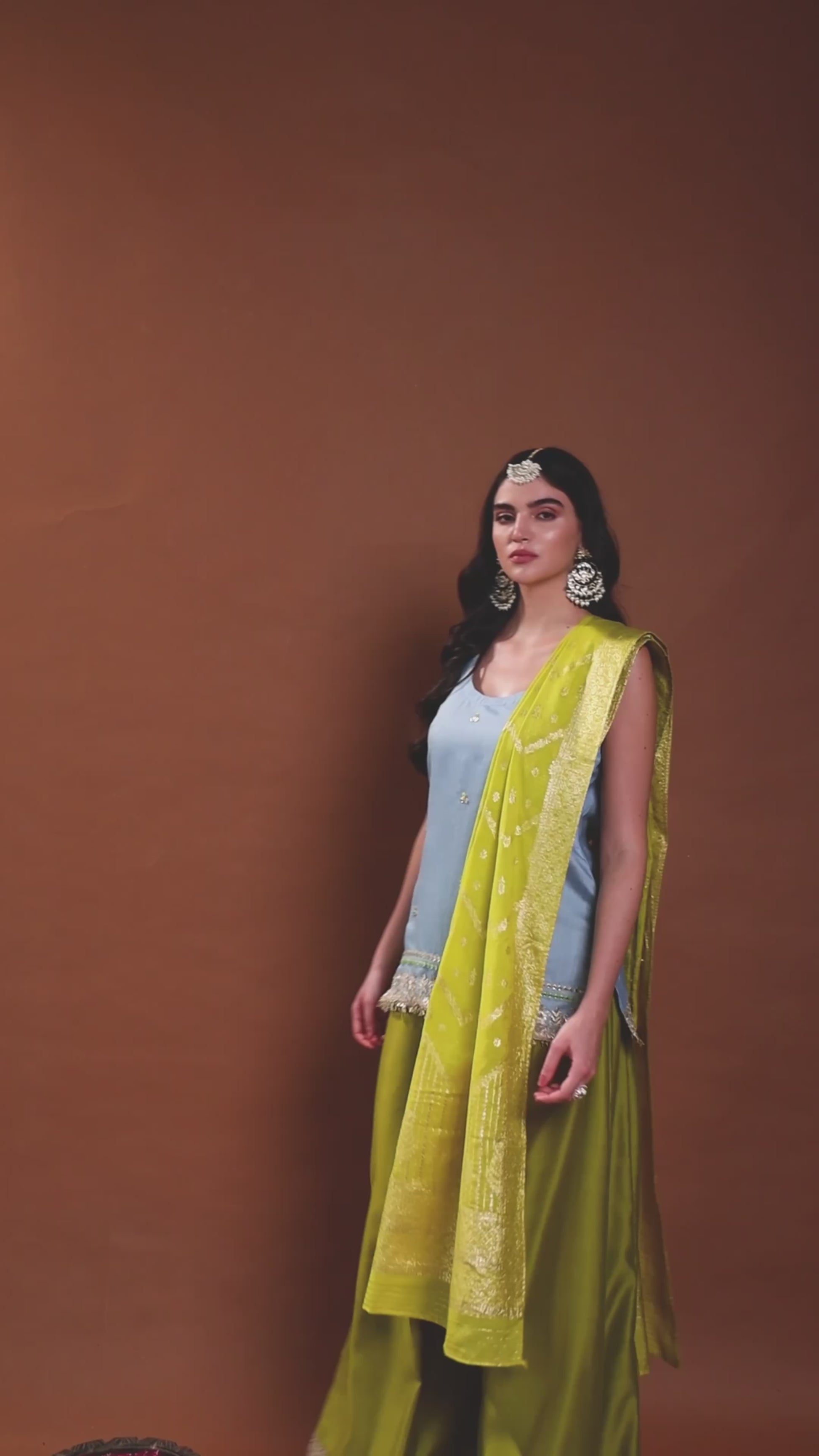 Sky Blue Round Neck Straight Sleeveless Kurta & Sharara Set with Lace Embroidery & Dupatta