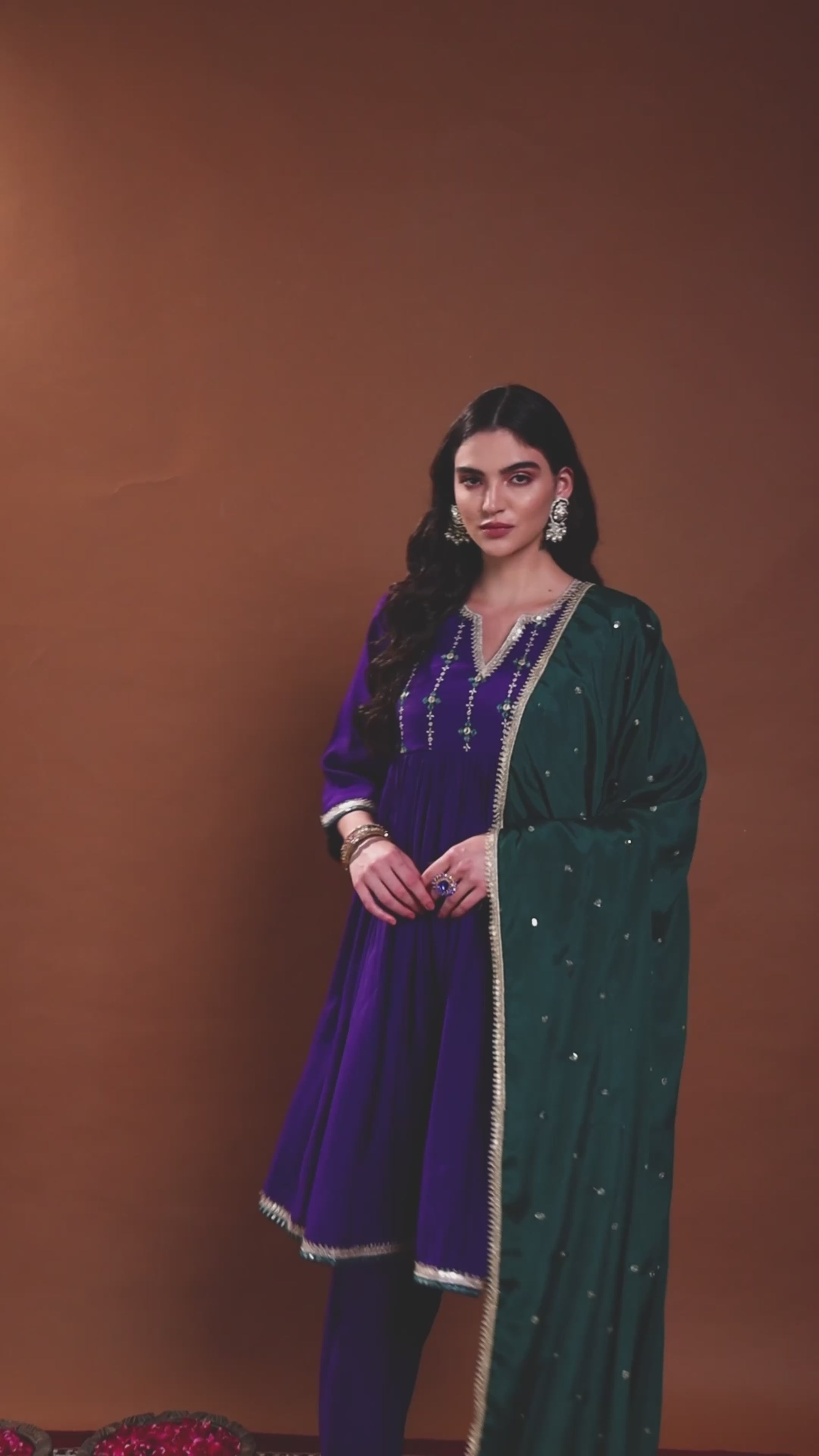 Women’s Purple Round V-Neck Anarkali Set with Embroidered Yoke, Matching Salwar & Dupatta