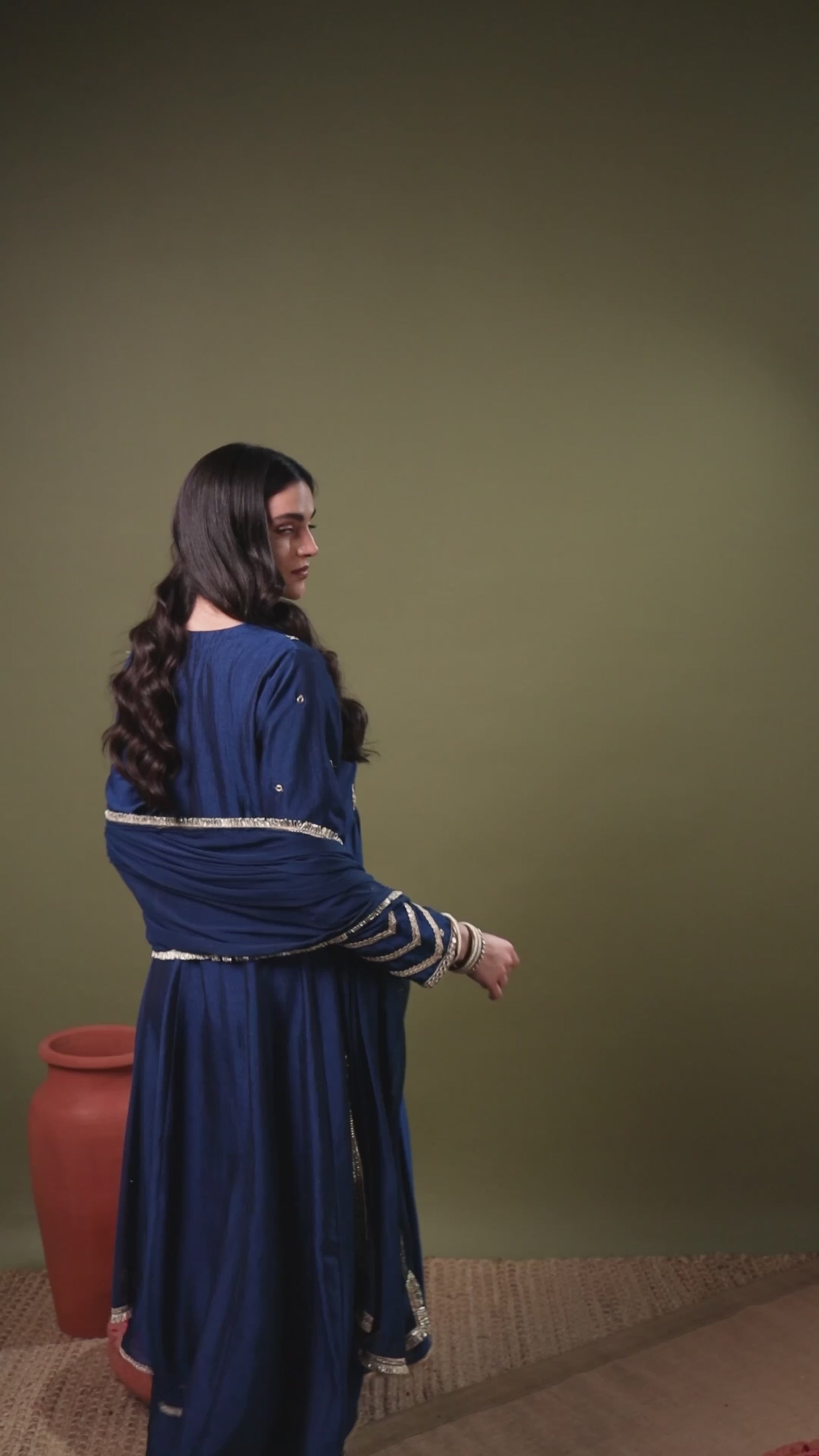 Navy Blue V-Neck Embroidered Anarkali Set with Sharara & Dupatta