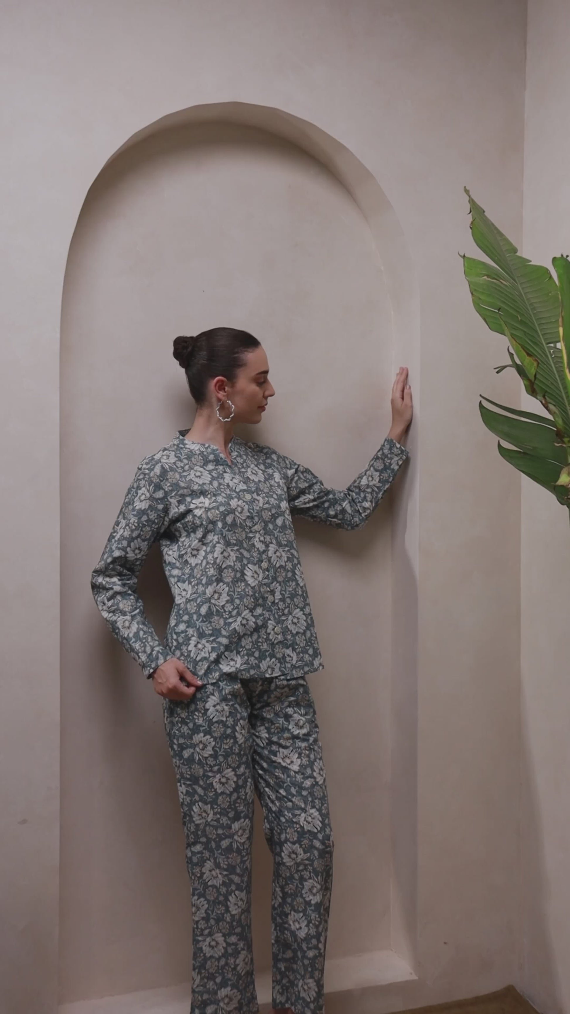 Grey Pure Cotton Floral Night Suit with Mandarin Collar