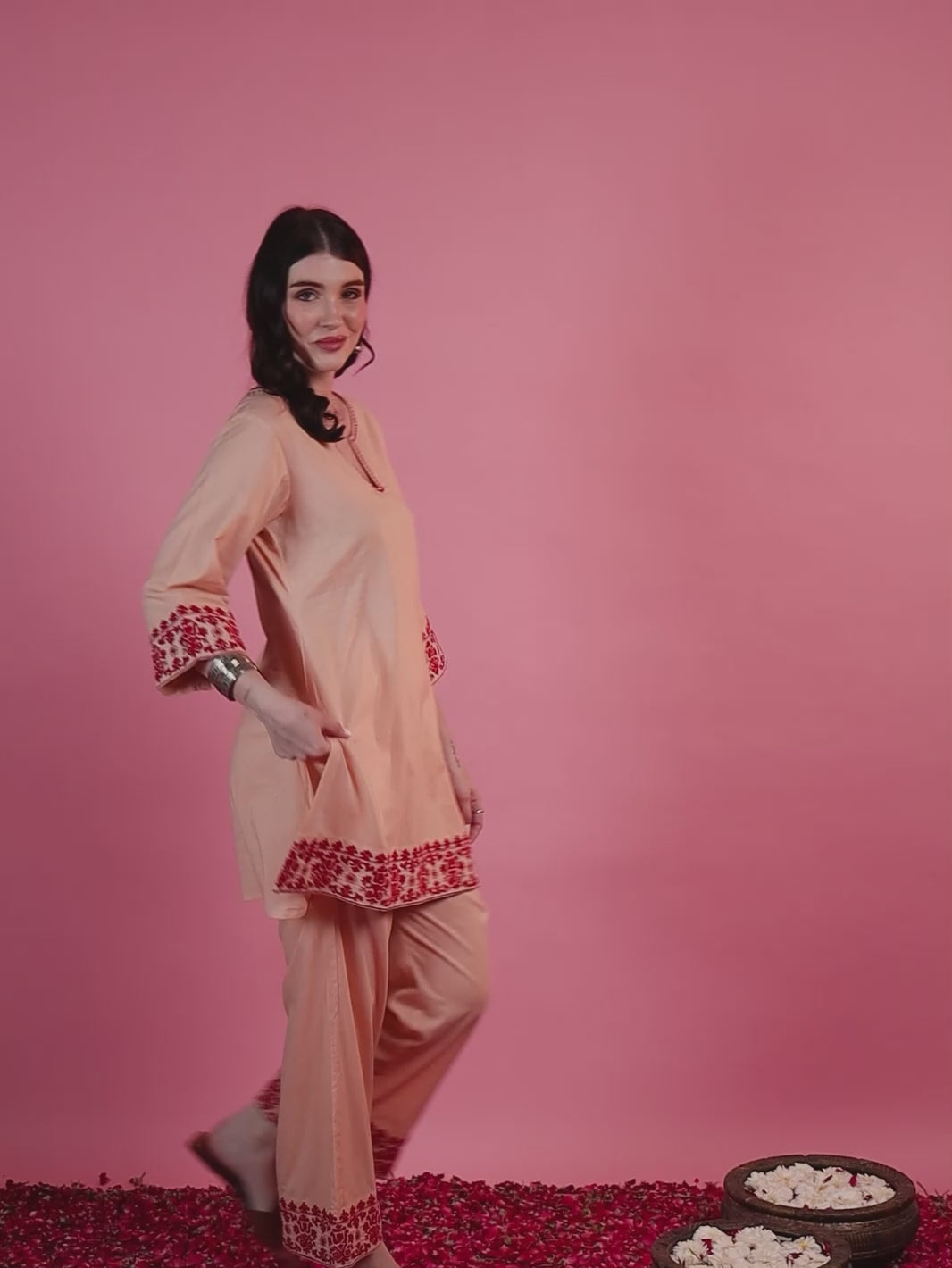 Peach Embroidered Straight Co-ord Set with Round V-Neck and Thread Work