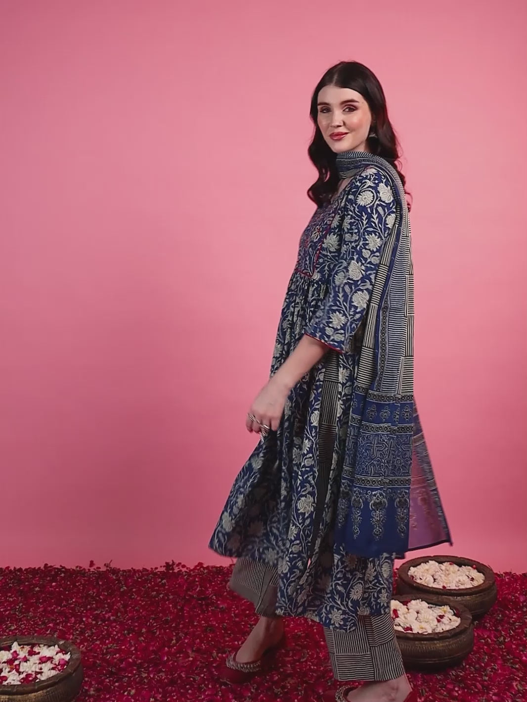 Blue Floral Embroidered York Anarkali Set with Round V-Neck