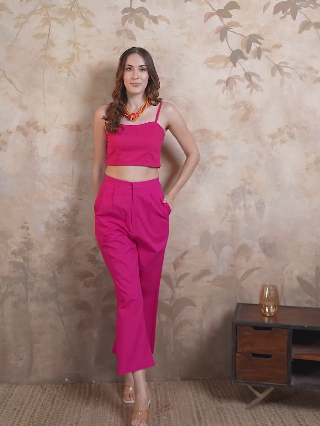 Pink Solid Crop Top Co-ord Set with Spaghetti Straps