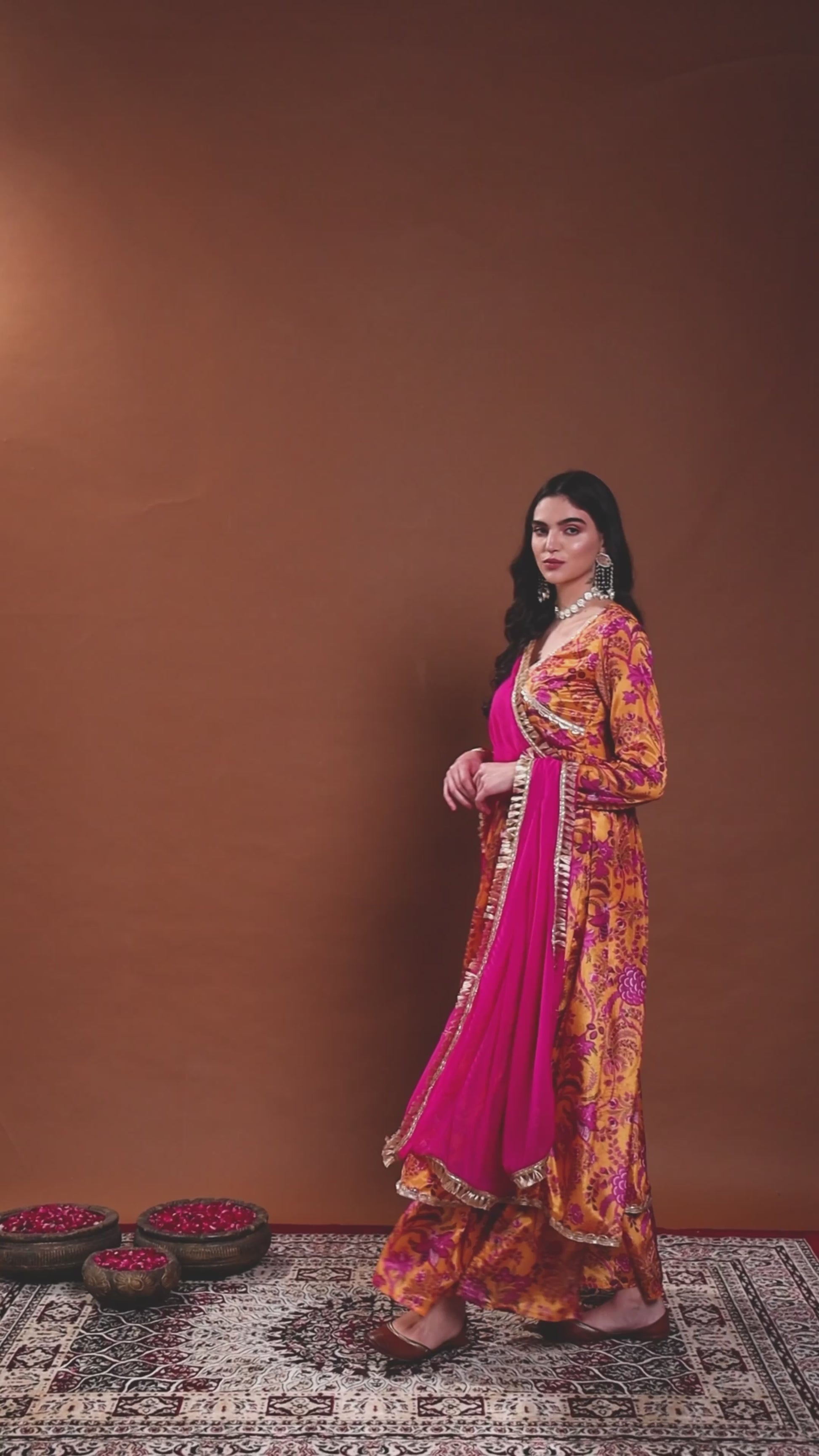 Mustard Yellow Floral Angrakha Anarkali Set with Sharara & Dupatta