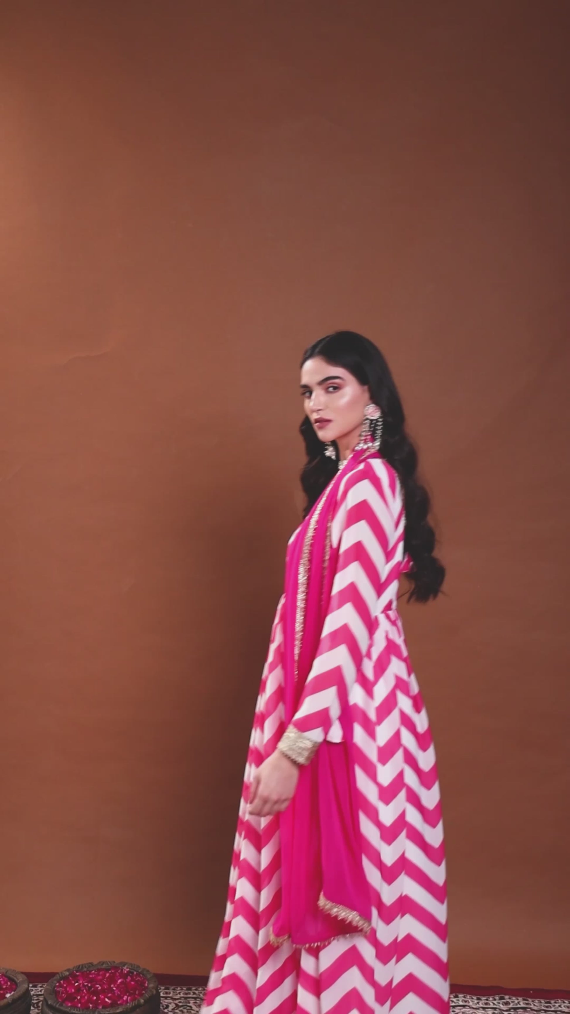 Pink & White Printed Angrakha Anarkali Set with Dupatta