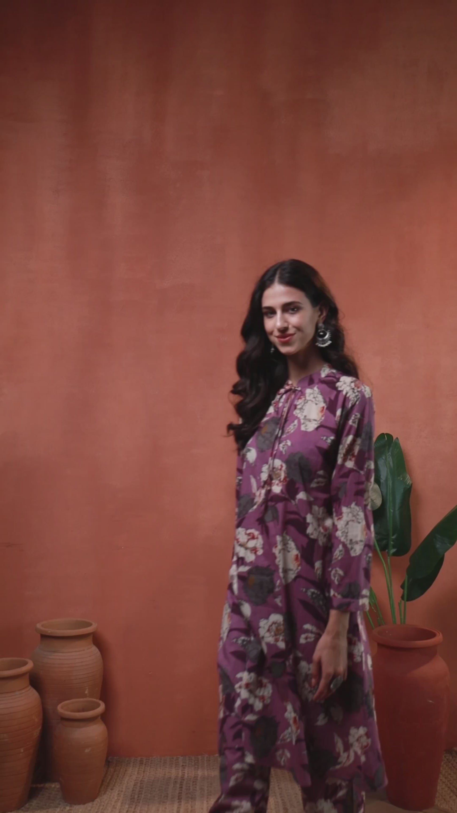 Purple Floral A-Line Co-ord Set with Mandarin Collar and Screen Print Design