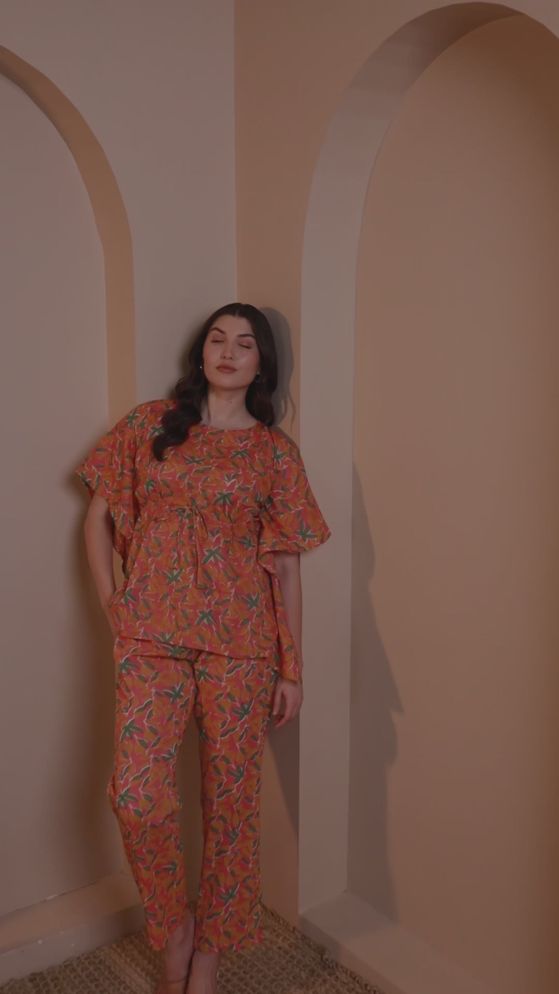 Orange Floral Pure Cotton Kaftan Set