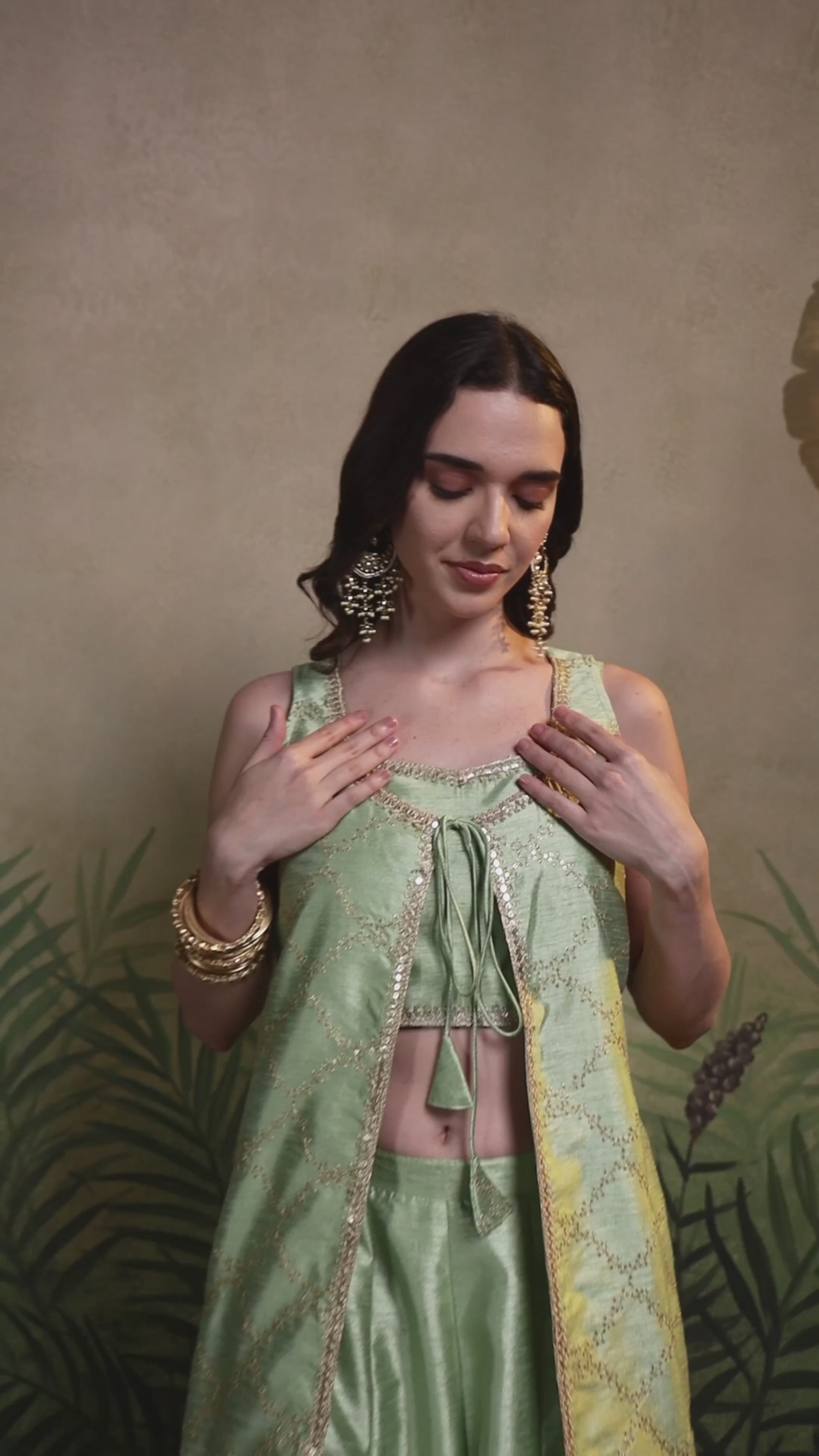 Mint Green Embroidered Fusion Set with Sleeveless Jacket & Strap Blouse