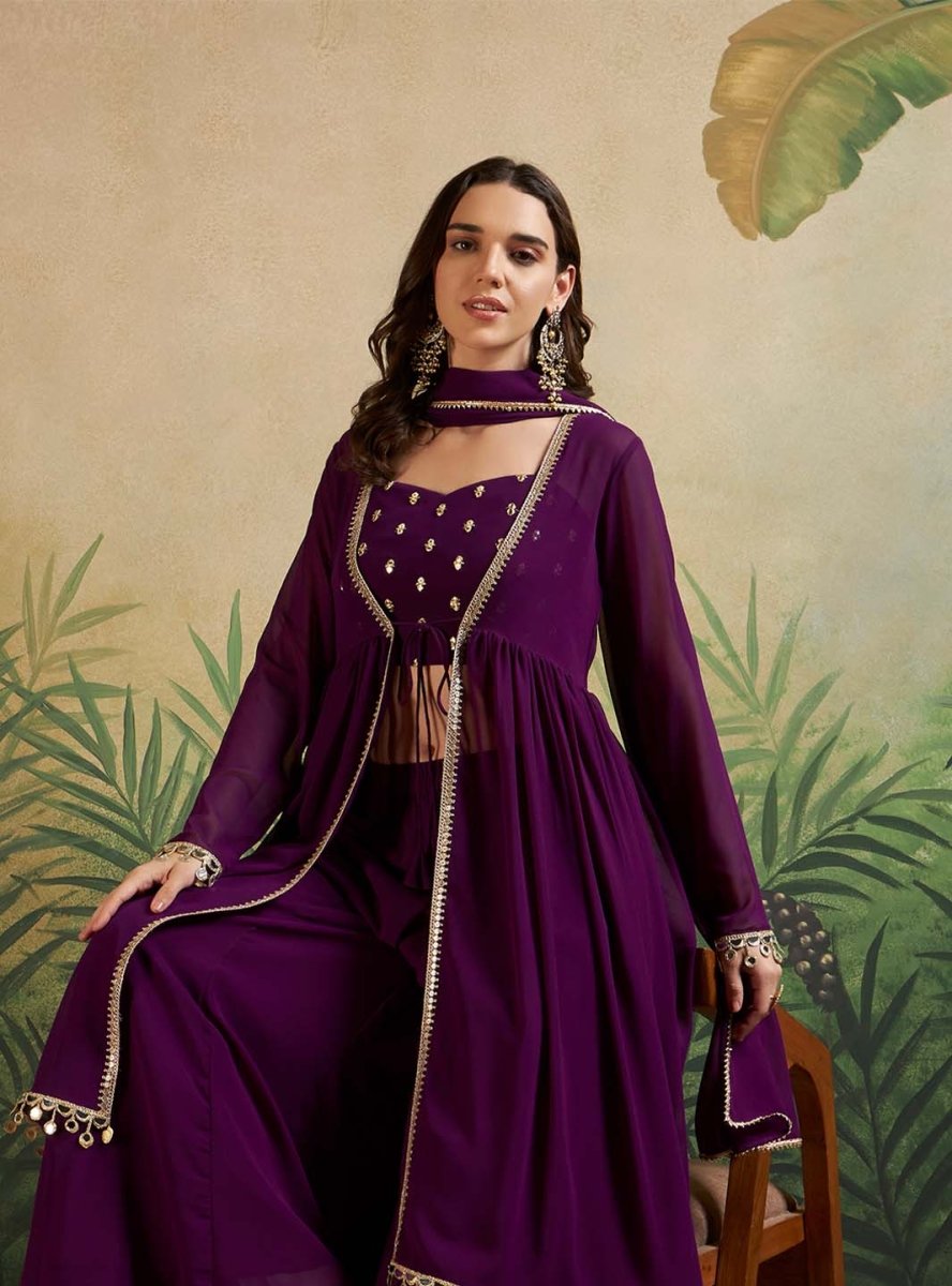 Purple Embroidered Indo - western with Sharara & Dupatta - Mahukaa