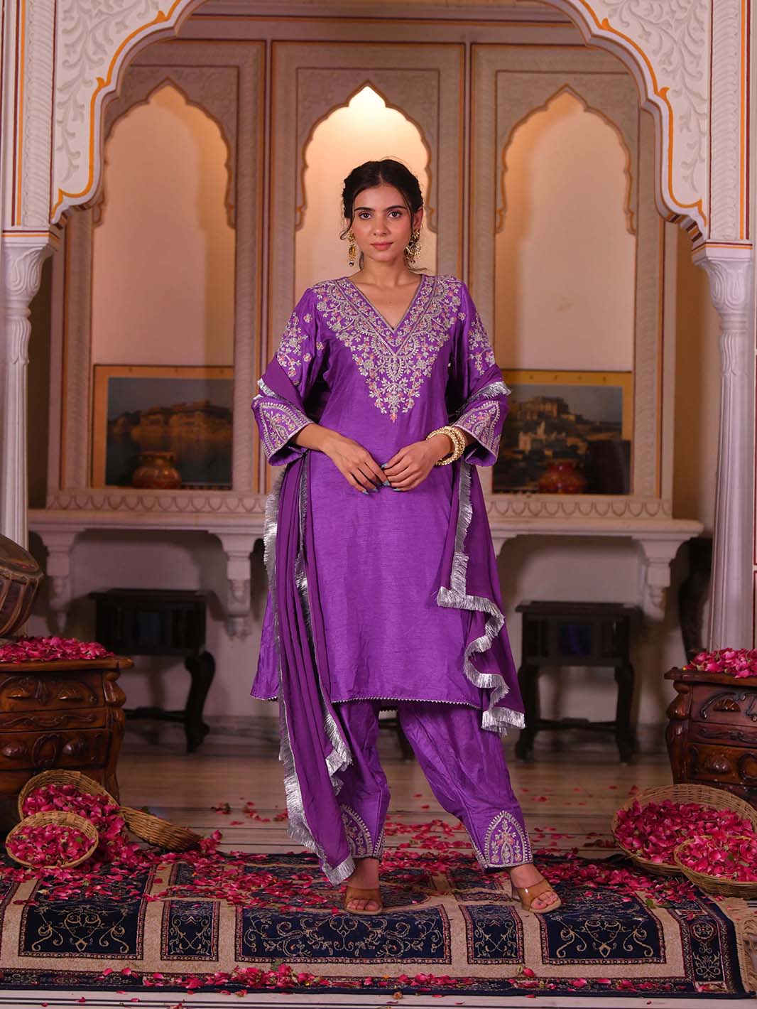 Purple Embroidered V - Neck Kurta Salwar Set - Mahukaa