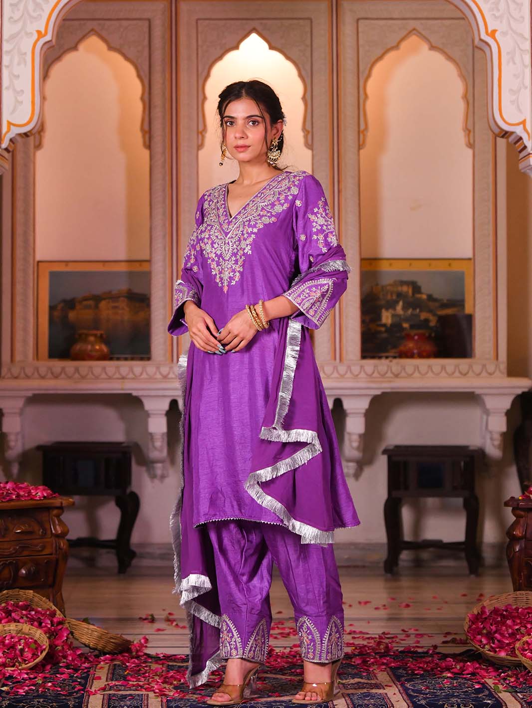 Purple Embroidered V - Neck Kurta Salwar Set - Mahukaa