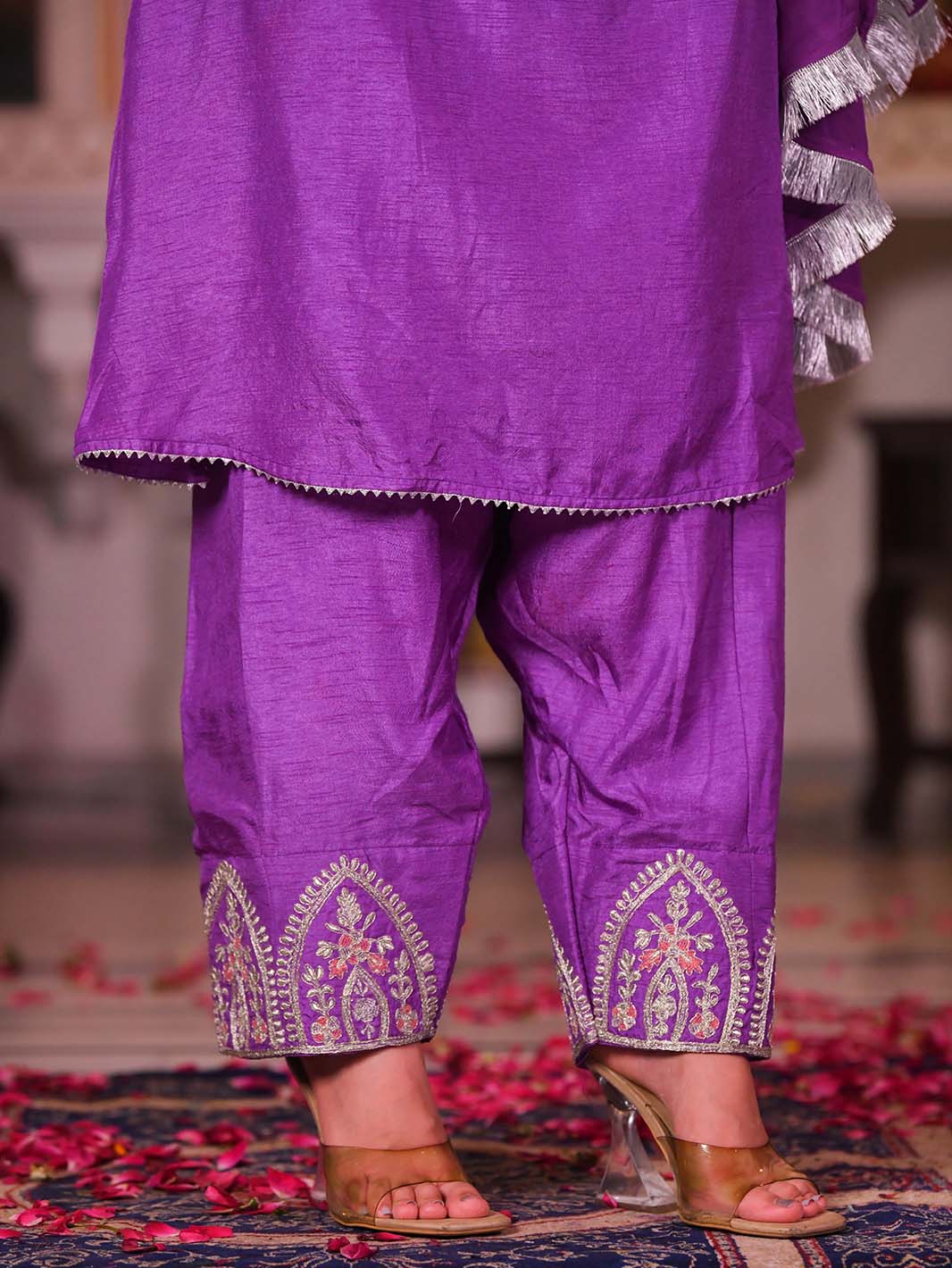 Purple Embroidered V - Neck Kurta Salwar Set - Mahukaa