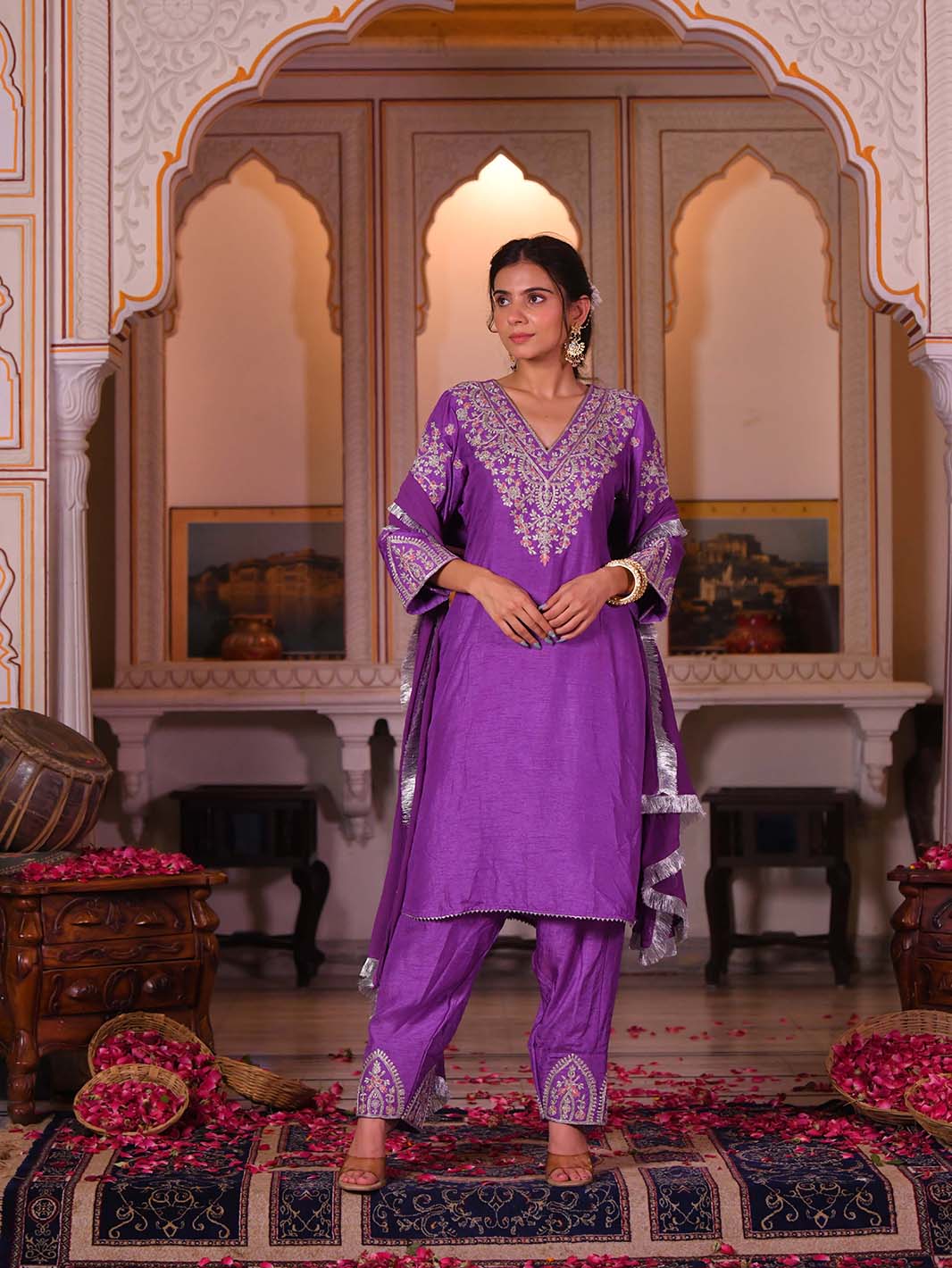 Purple Embroidered V - Neck Kurta Salwar Set - Mahukaa