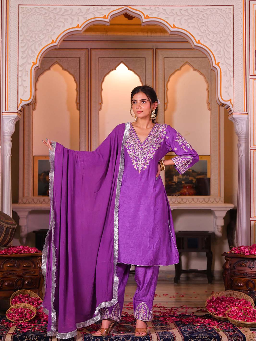 Purple Embroidered V - Neck Kurta Salwar Set - Mahukaa