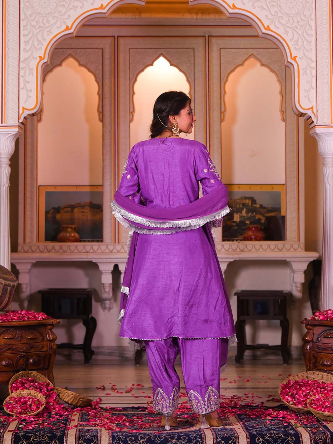 Purple Embroidered V - Neck Kurta Salwar Set - Mahukaa