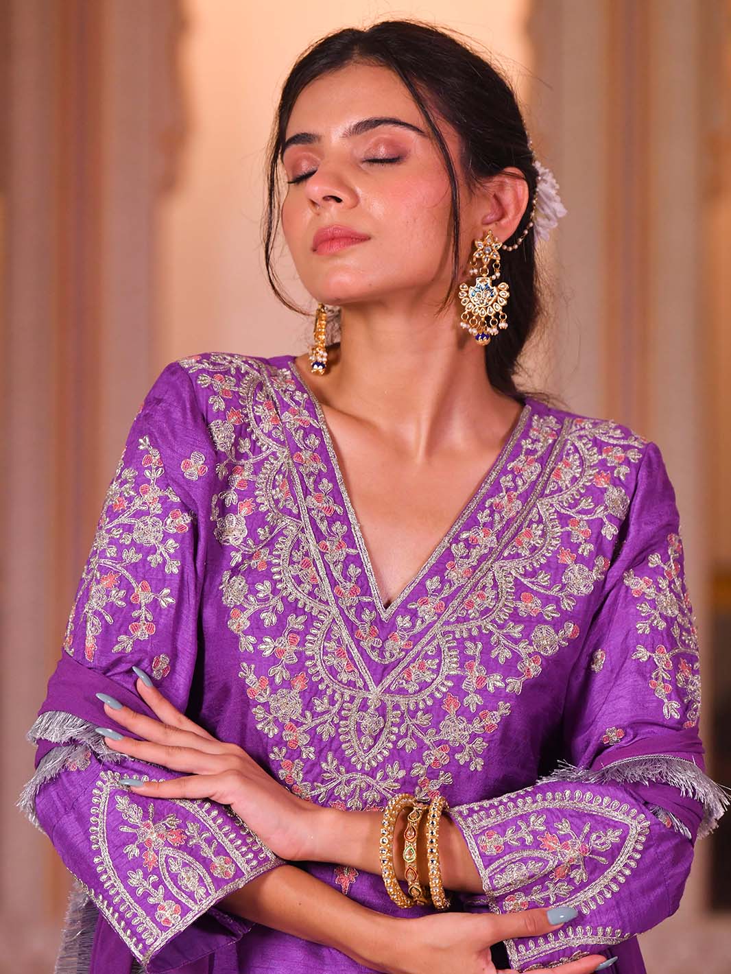Purple Embroidered V - Neck Kurta Salwar Set - Mahukaa