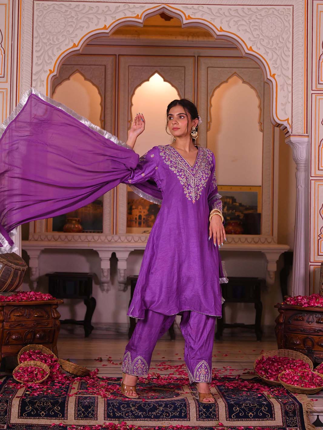 Purple Embroidered V - Neck Kurta Salwar Set - Mahukaa