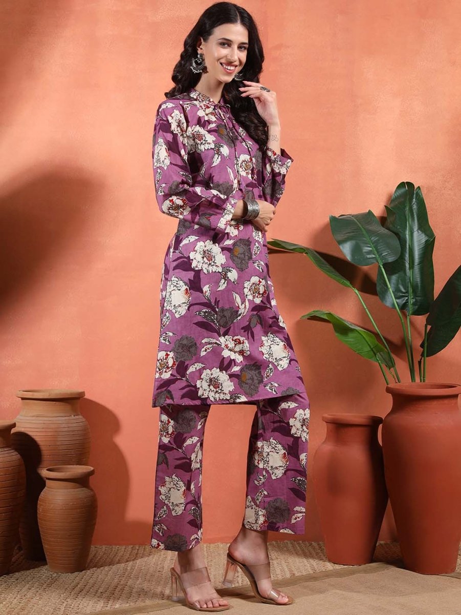 Purple Floral A - Line Co - ord Set with Mandarin Collar - Mahukaa