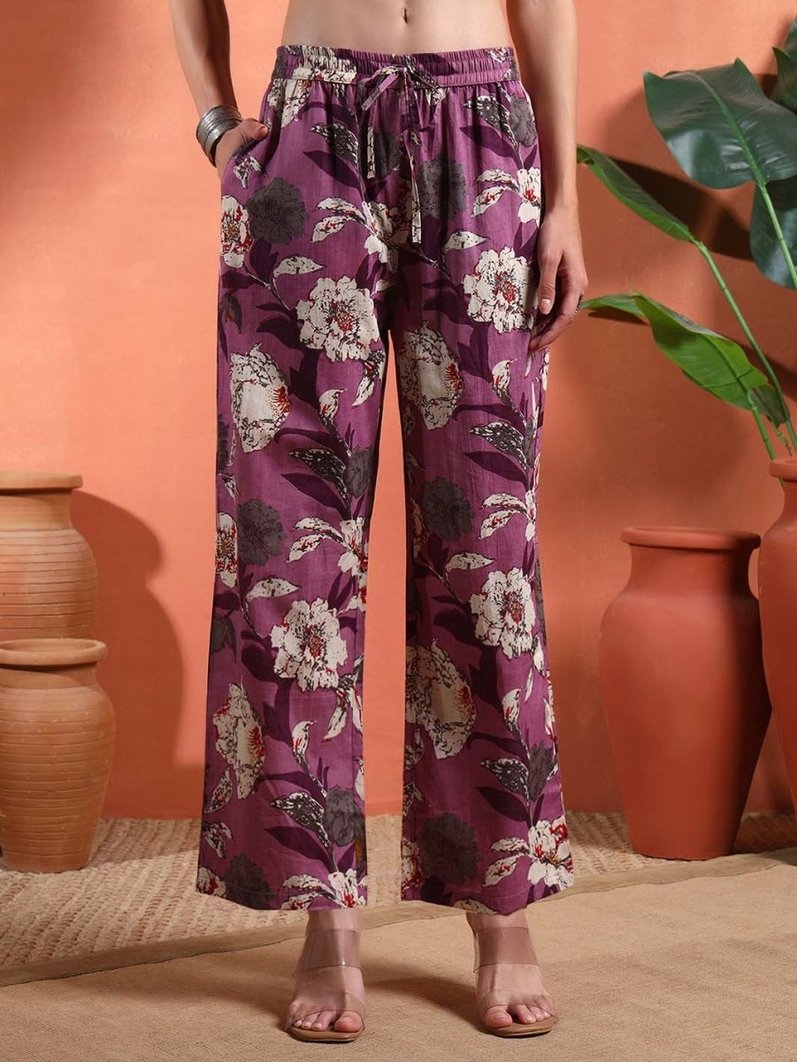 Purple Floral A - Line Co - ord Set with Mandarin Collar - Mahukaa