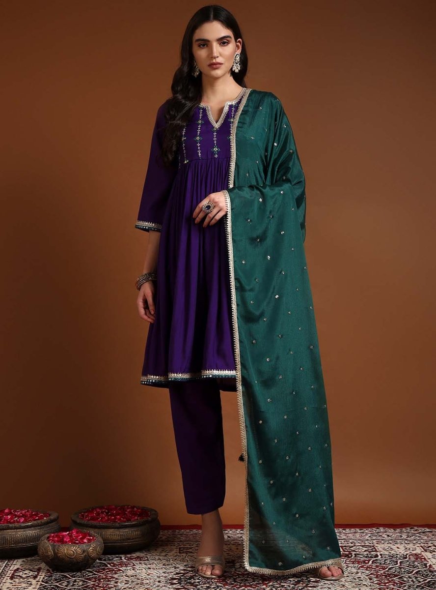 Purple Round V - neckline Anarkali Set with Yoke Embroidery & Dupatta - Mahukaa