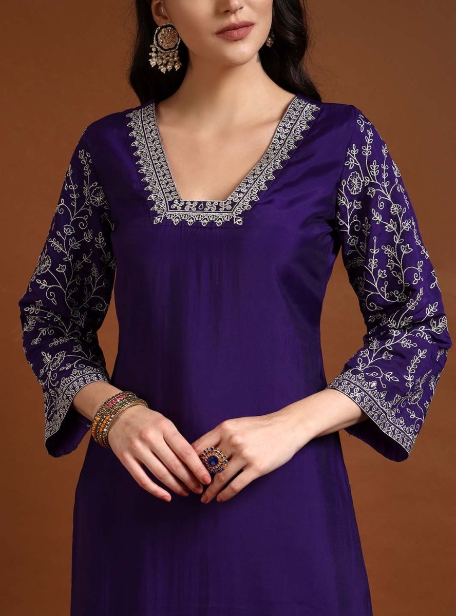 Purple Square V - Neck Zari Embroidered Kurta Set with Dupatta - Mahukaa