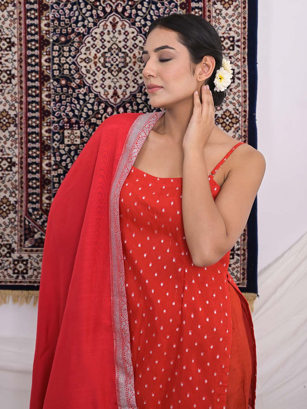 Red Banarasi Silk Straight Kurti and Pant with Chanderi Dupatta - Mahukaa