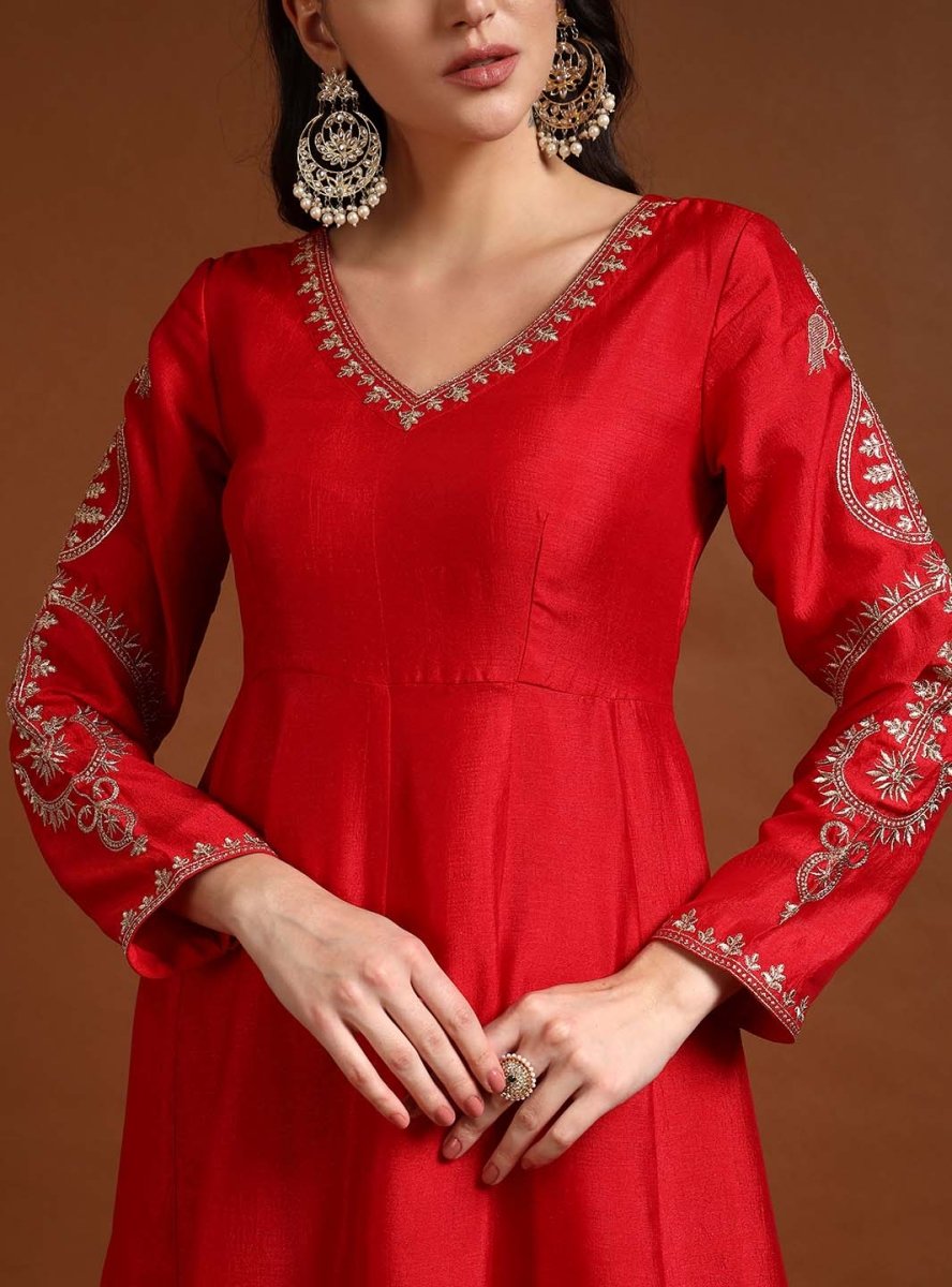 Red V - Neck Embroidered Anarkali Set with Dupatta - Mahukaa