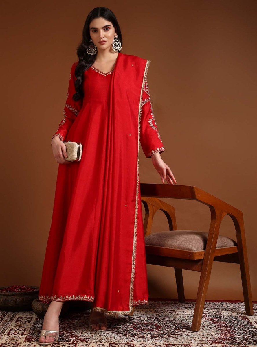 Red V - Neck Embroidered Anarkali Set with Dupatta - Mahukaa