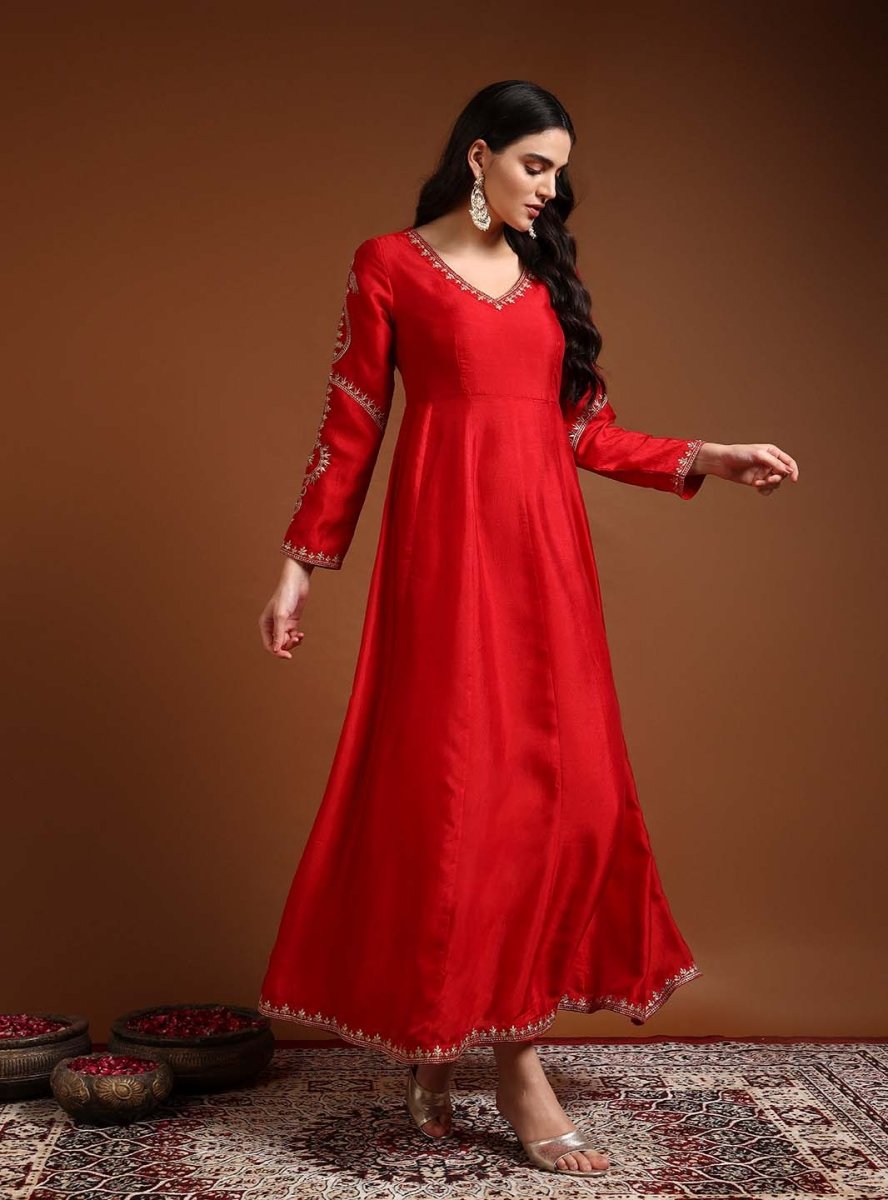 Red V - Neck Embroidered Anarkali Set with Dupatta - Mahukaa
