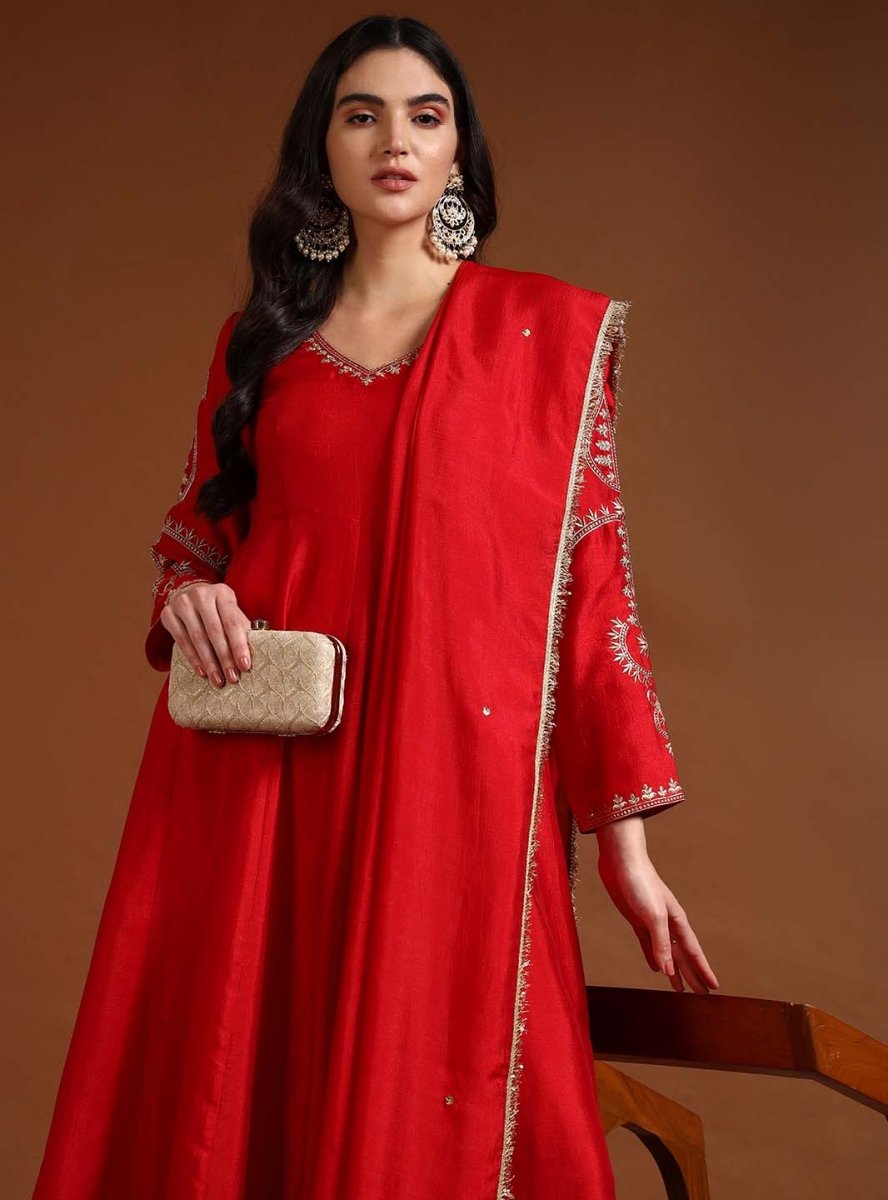 Red V - Neck Embroidered Anarkali Set with Dupatta - Mahukaa