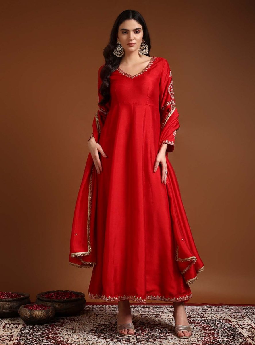Red V - Neck Embroidered Anarkali Set with Dupatta - Mahukaa