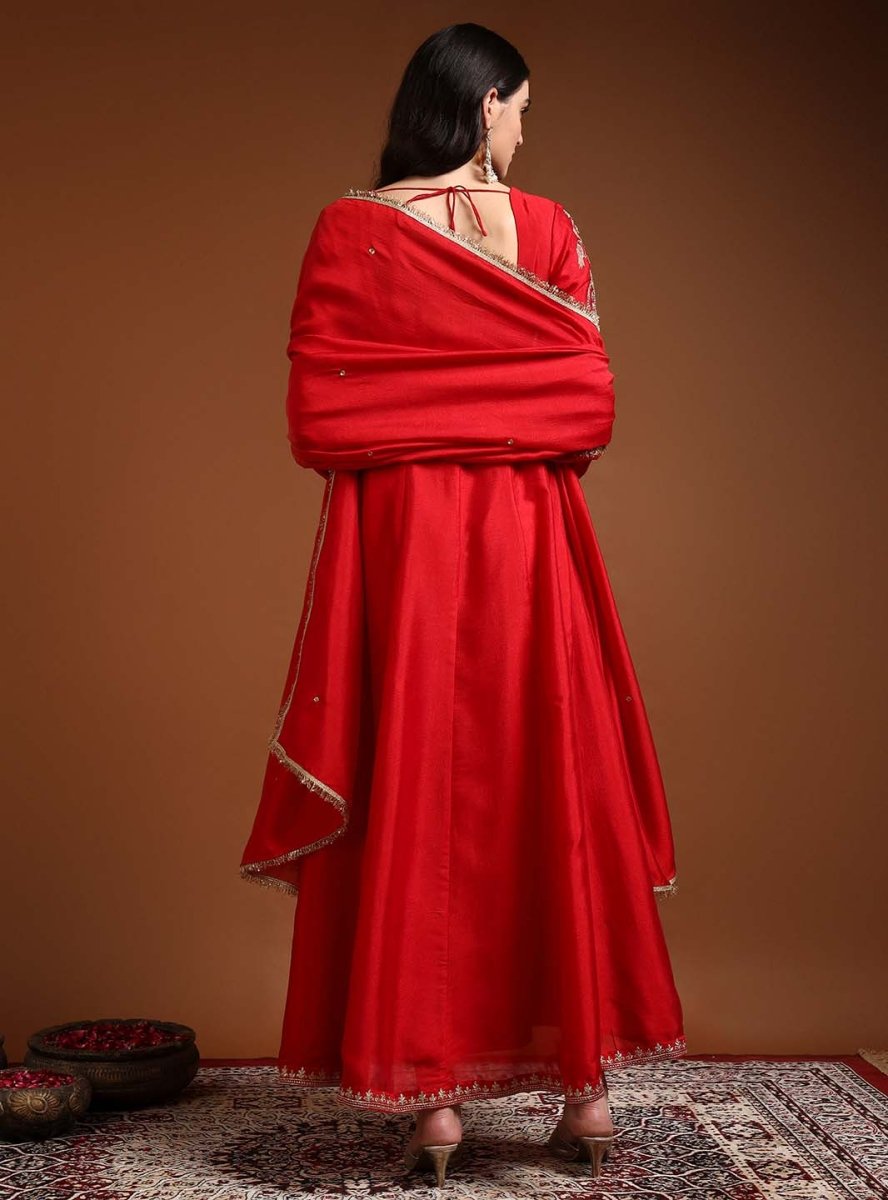 Red V - Neck Embroidered Anarkali Set with Dupatta - Mahukaa