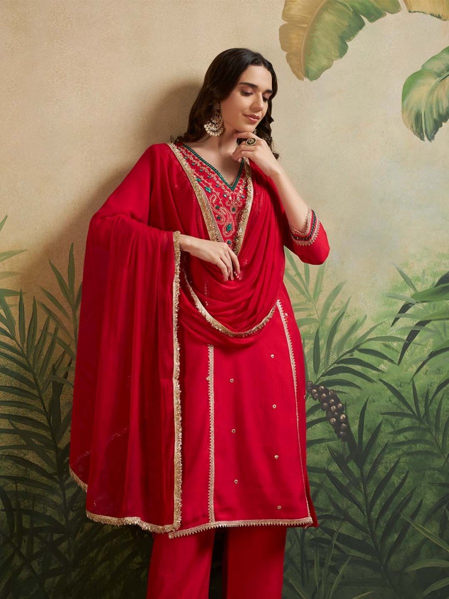 Red V - Neck Embroidered Kurta Set & Matching Dupatta - Mahukaa