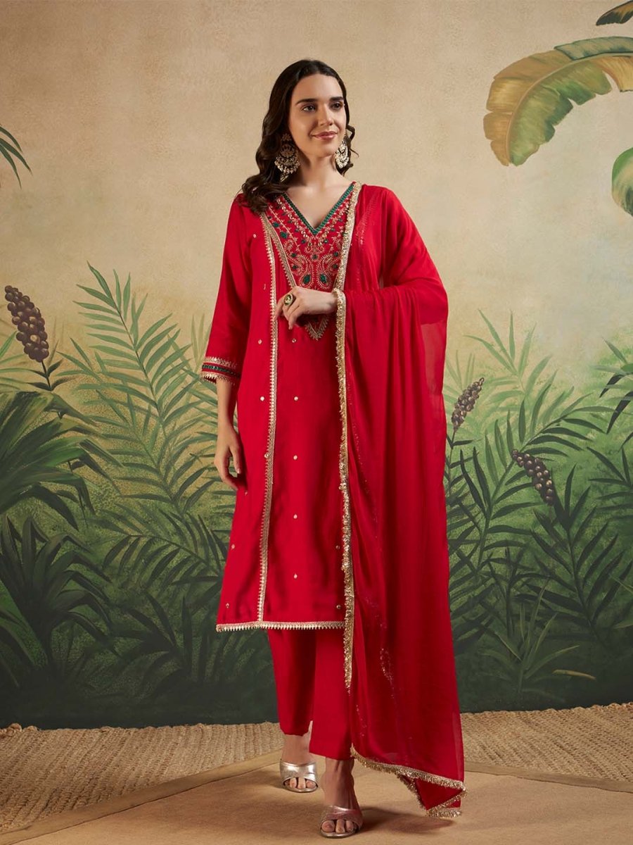 Red V - Neck Embroidered Kurta Set & Matching Dupatta - Mahukaa