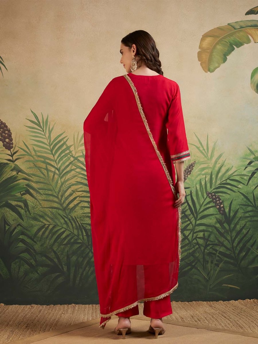 Red V - Neck Embroidered Kurta Set & Matching Dupatta - Mahukaa