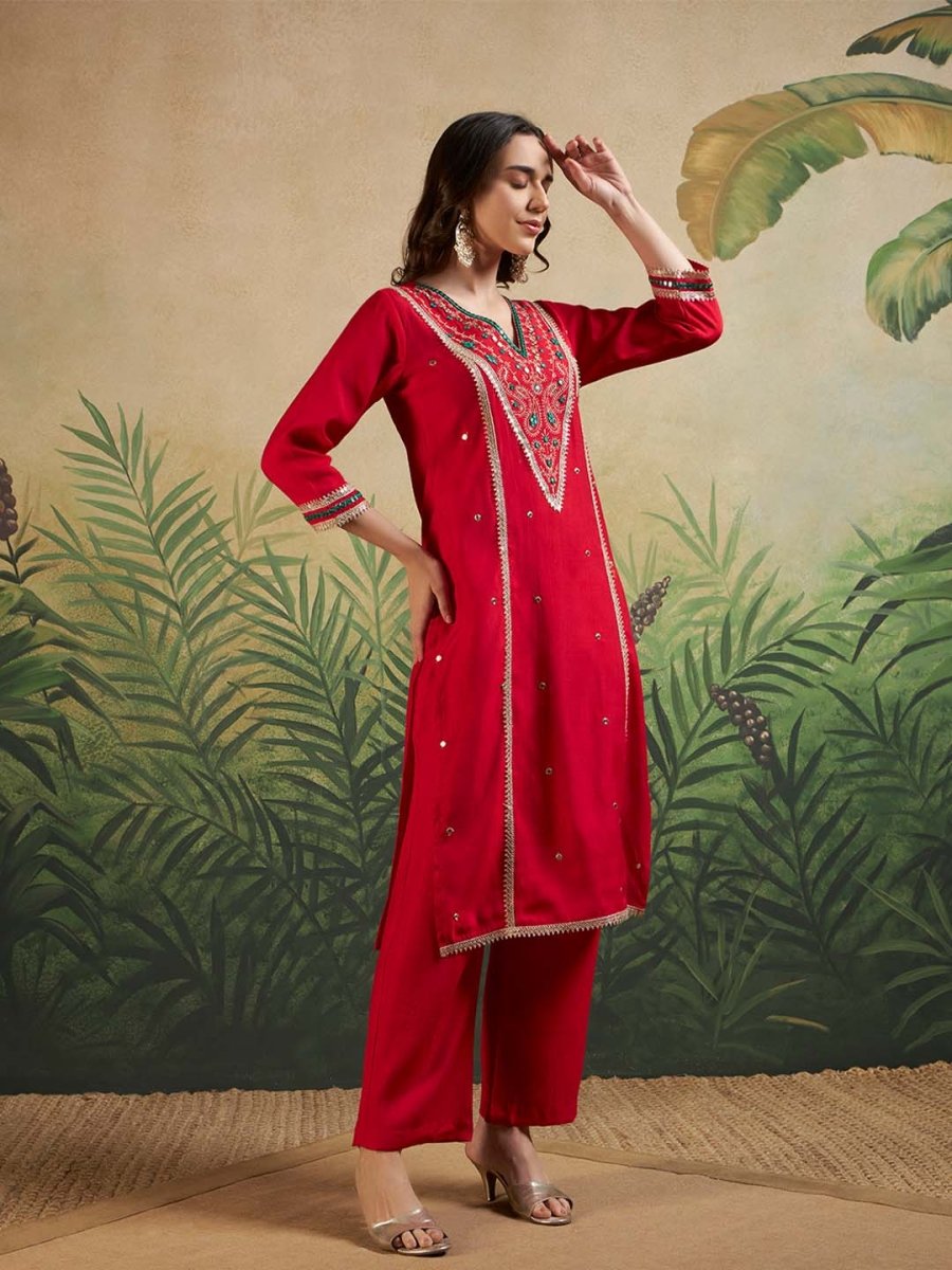 Red V - Neck Embroidered Kurta Set & Matching Dupatta - Mahukaa