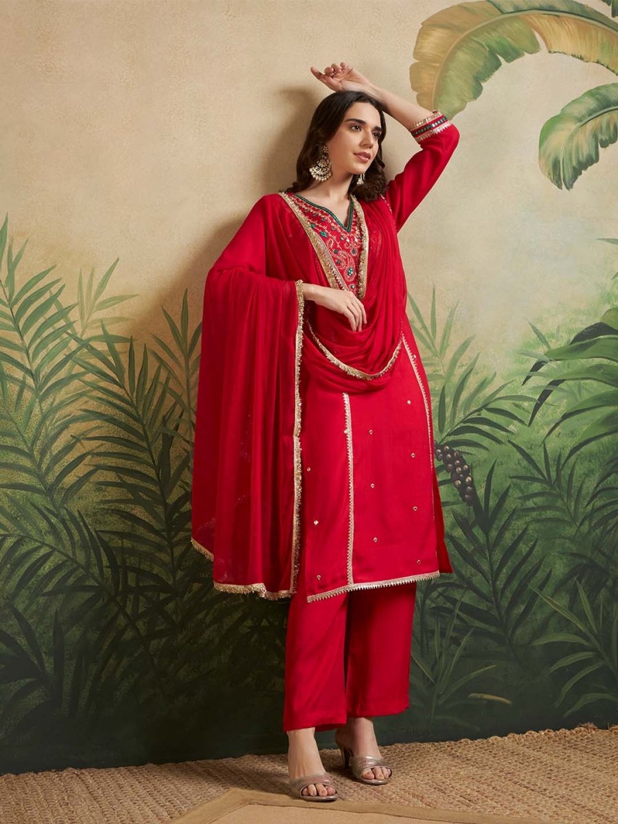 Red V - Neck Embroidered Kurta Set & Matching Dupatta - Mahukaa
