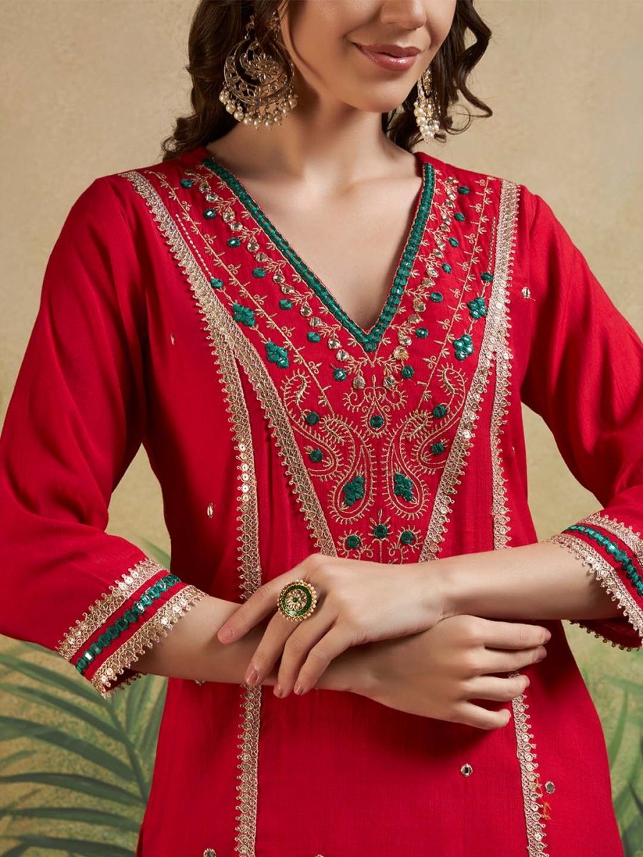 Red V - Neck Embroidered Kurta Set & Matching Dupatta - Mahukaa