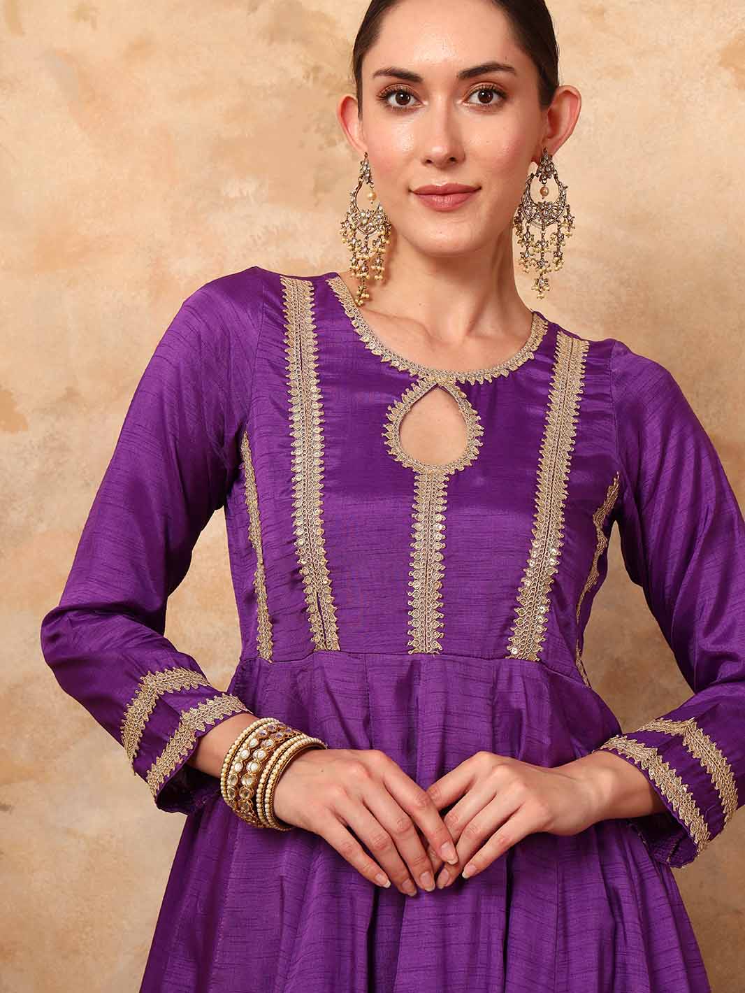 Regal Purple Georgette Anarkali Sharara Set with Sequin Lace and Chinon Dupatta - Mahukaa