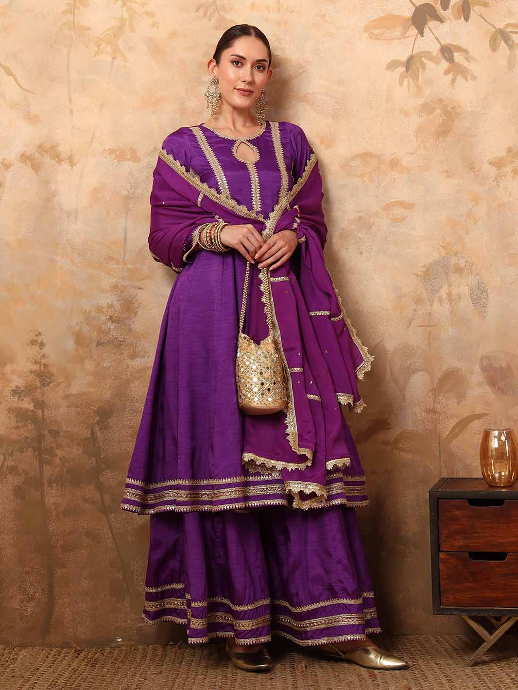 Regal Purple Georgette Anarkali Sharara Set with Sequin Lace and Chinon Dupatta - Mahukaa