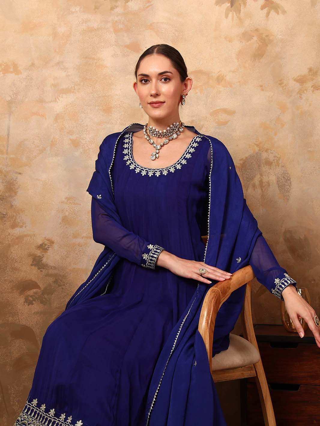 Royal Blue Anarkali Kurta Set In Pani Gold Dori With Zari Embroidery And Embroidered Chiffon Dupatta - Mahukaa