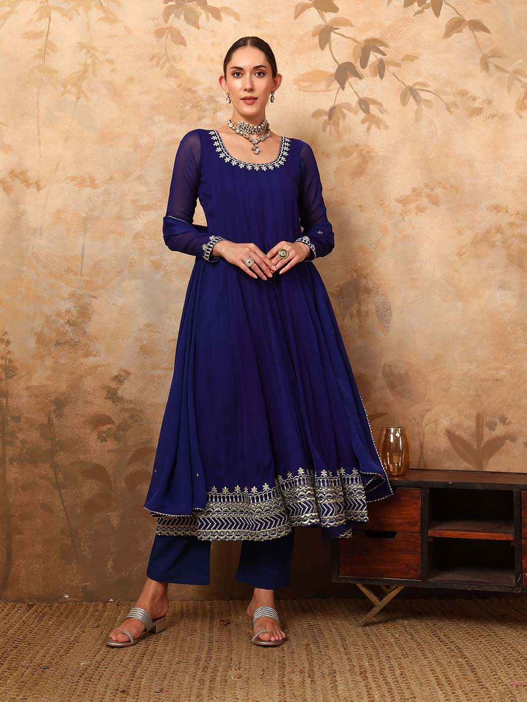 Royal Blue Anarkali Kurta Set In Pani Gold Dori With Zari Embroidery And Embroidered Chiffon Dupatta - Mahukaa
