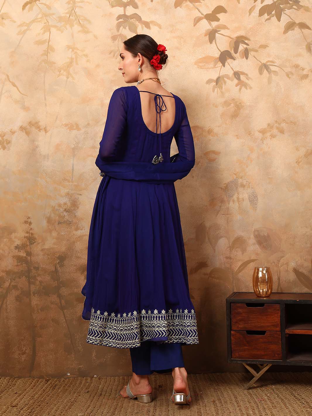 Royal Blue Anarkali Kurta Set In Pani Gold Dori With Zari Embroidery And Embroidered Chiffon Dupatta - Mahukaa