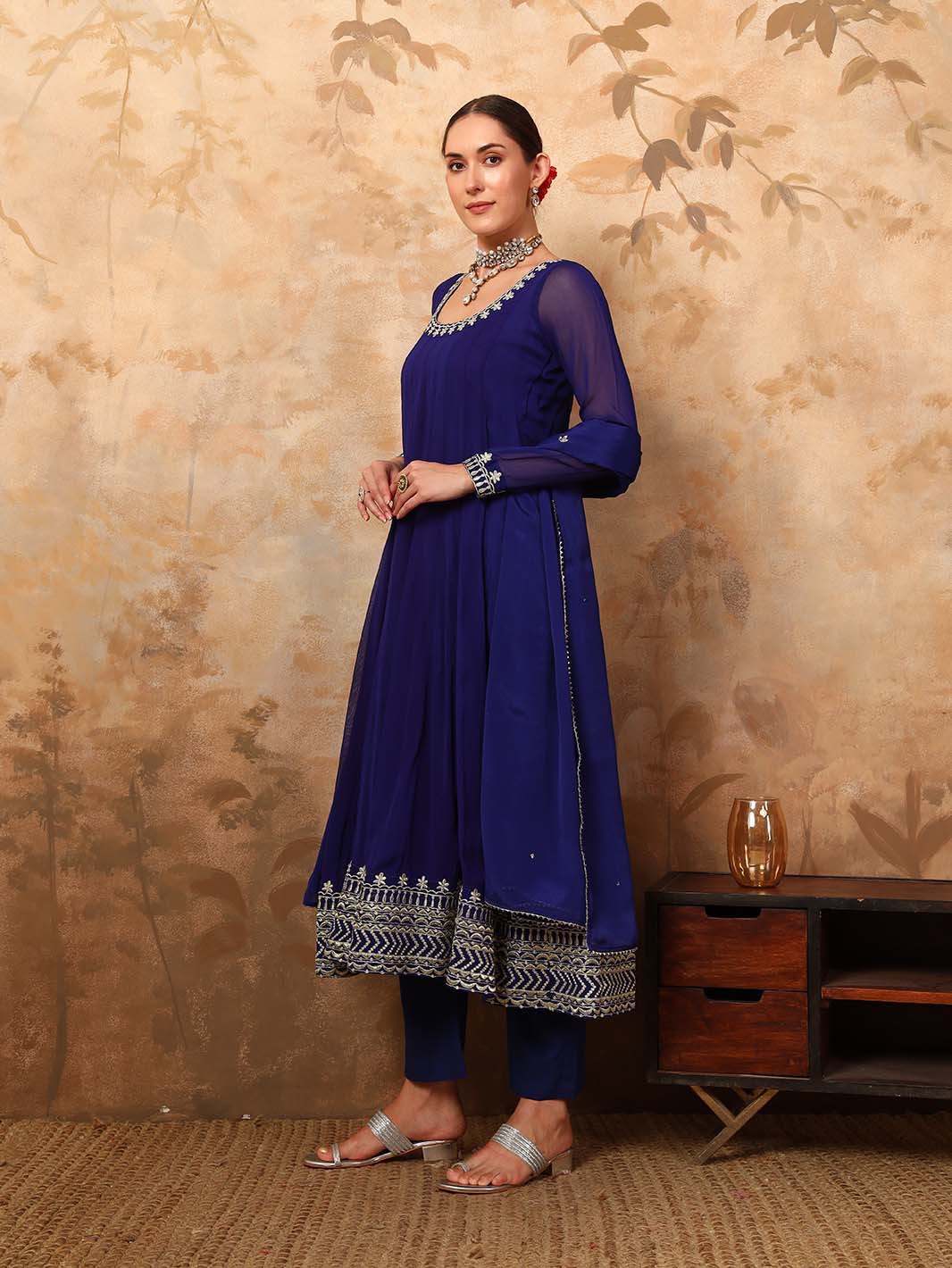 Royal Blue Anarkali Kurta Set In Pani Gold Dori With Zari Embroidery And Embroidered Chiffon Dupatta - Mahukaa