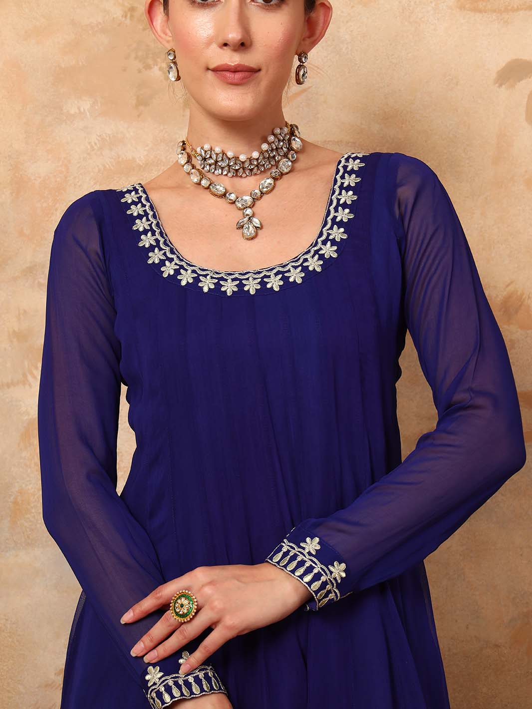 Royal Blue Anarkali Kurta Set In Pani Gold Dori With Zari Embroidery And Embroidered Chiffon Dupatta - Mahukaa
