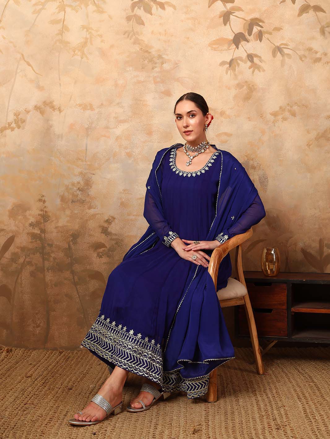 Royal Blue Anarkali Kurta Set In Pani Gold Dori With Zari Embroidery And Embroidered Chiffon Dupatta - Mahukaa