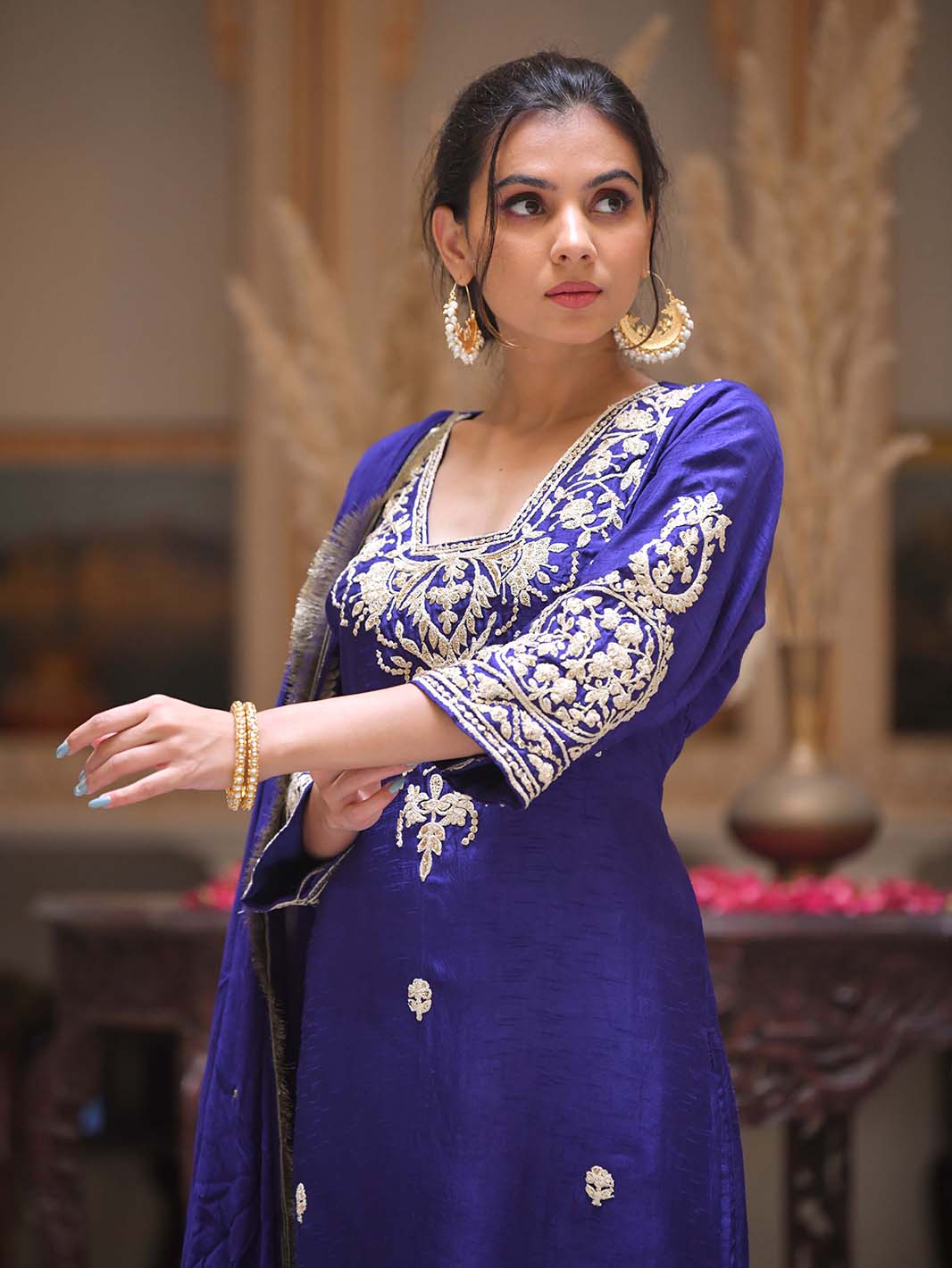 Royal Blue Square V - Neck Dori Embroidery Handwork Dola Silk Kurta Set - Mahukaa
