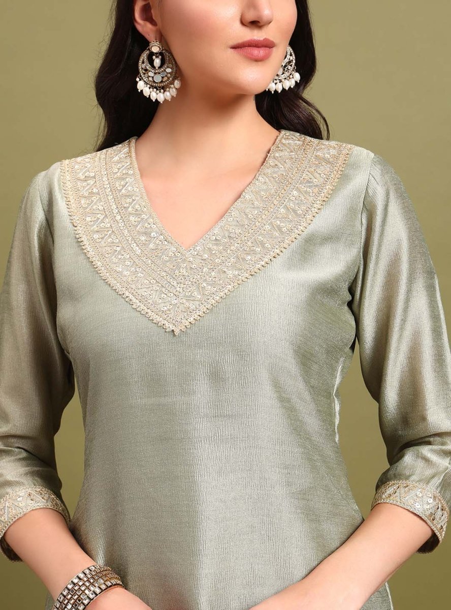 Sage Green V - neckline Straight Kurta Set with Sequin Yoke Embroidery & Net Dupatta - Mahukaa